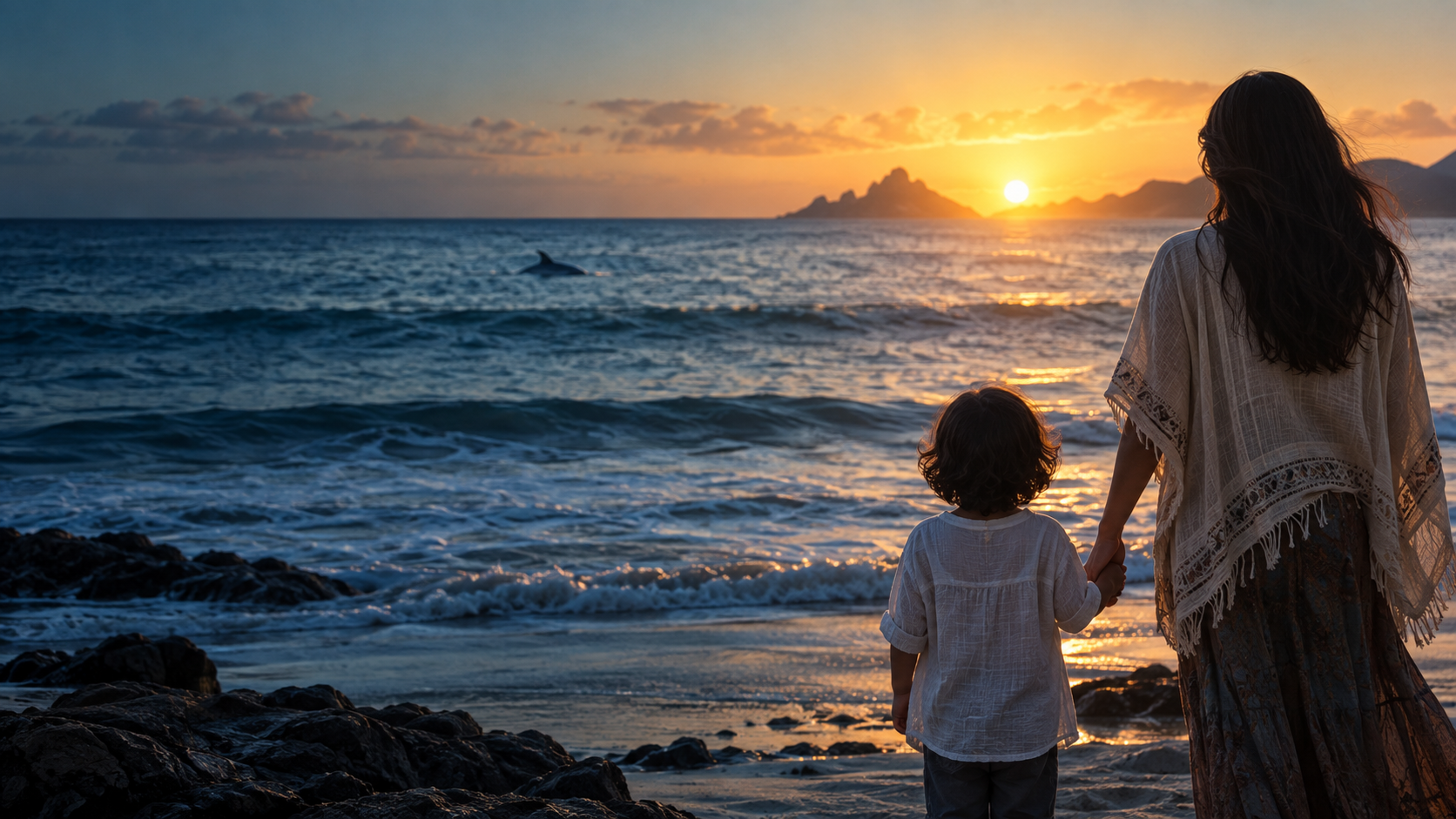 Una familia contempla el mar al amanecer